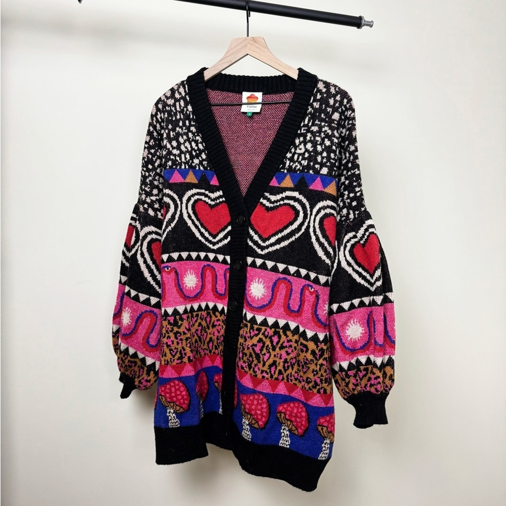 Farm Rio oversized cardigan / Wild at Heart print / hearts mushrooms leopard